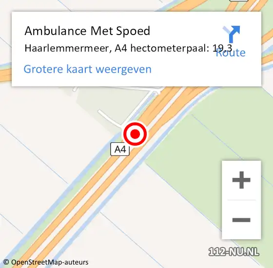 Locatie op kaart van de 112 melding: Ambulance Met Spoed Naar Haarlemmermeer, A4 hectometerpaal: 19,3 op 26 juni 2024 18:12