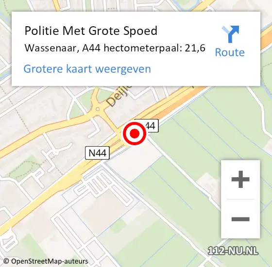 Locatie op kaart van de 112 melding: Politie Met Grote Spoed Naar Wassenaar, A44 hectometerpaal: 21,6 op 26 juni 2024 18:41