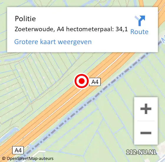 Locatie op kaart van de 112 melding: Politie Zoeterwoude, A4 hectometerpaal: 34,1 op 26 juni 2024 20:02