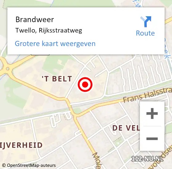 Locatie op kaart van de 112 melding: Brandweer Twello, Rijksstraatweg op 26 juni 2024 22:02