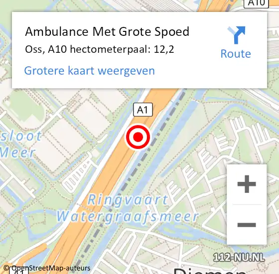 Locatie op kaart van de 112 melding: Ambulance Met Grote Spoed Naar Oss, A10 hectometerpaal: 12,2 op 26 juni 2024 23:39