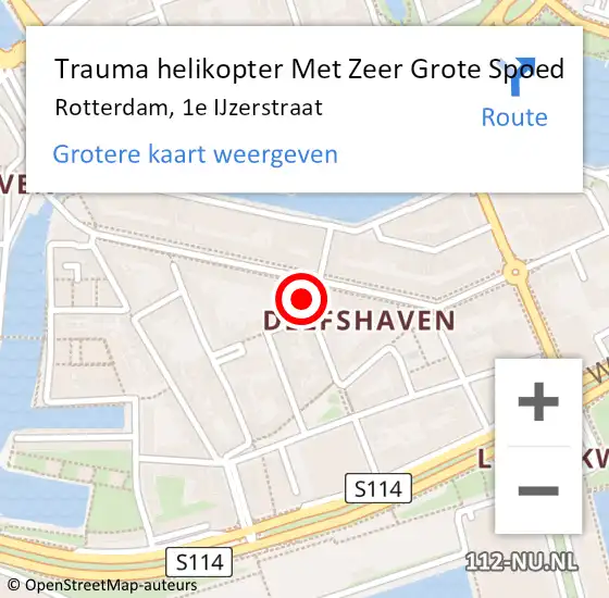 Locatie op kaart van de 112 melding: Trauma helikopter Met Zeer Grote Spoed Naar Rotterdam, 1e IJzerstraat op 27 juni 2024 00:19