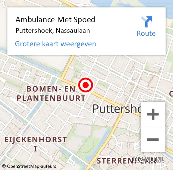 Locatie op kaart van de 112 melding: Ambulance Met Spoed Naar Puttershoek, Nassaulaan op 27 juni 2024 01:39