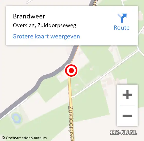 Locatie op kaart van de 112 melding: Brandweer Overslag, Zuiddorpseweg op 27 juni 2024 07:12