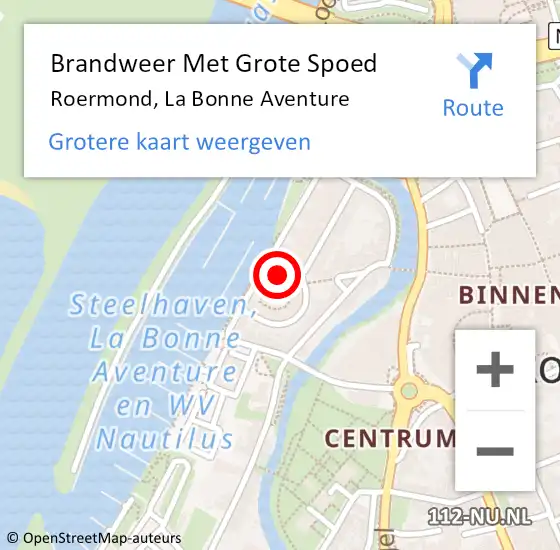 Locatie op kaart van de 112 melding: Brandweer Met Grote Spoed Naar Roermond, La Bonne Aventure op 27 juni 2024 08:03