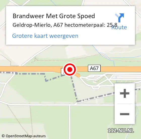 Locatie op kaart van de 112 melding: Brandweer Met Grote Spoed Naar Geldrop-Mierlo, A67 hectometerpaal: 25,8 op 27 juni 2024 10:59