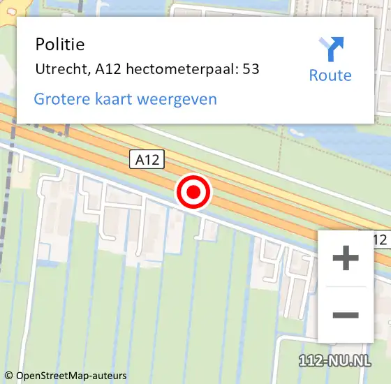 Locatie op kaart van de 112 melding: Politie Utrecht, A12 hectometerpaal: 53 op 27 juni 2024 12:39