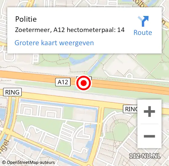 Locatie op kaart van de 112 melding: Politie Zoetermeer, A12 hectometerpaal: 14 op 27 juni 2024 13:19