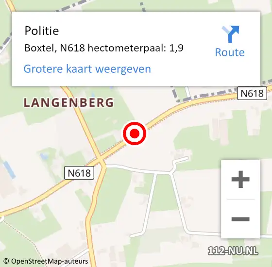 Locatie op kaart van de 112 melding: Politie Boxtel, N618 hectometerpaal: 1,9 op 27 juni 2024 14:27