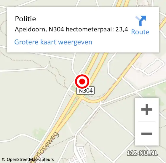 Locatie op kaart van de 112 melding: Politie Apeldoorn, N304 hectometerpaal: 23,4 op 27 juni 2024 14:47