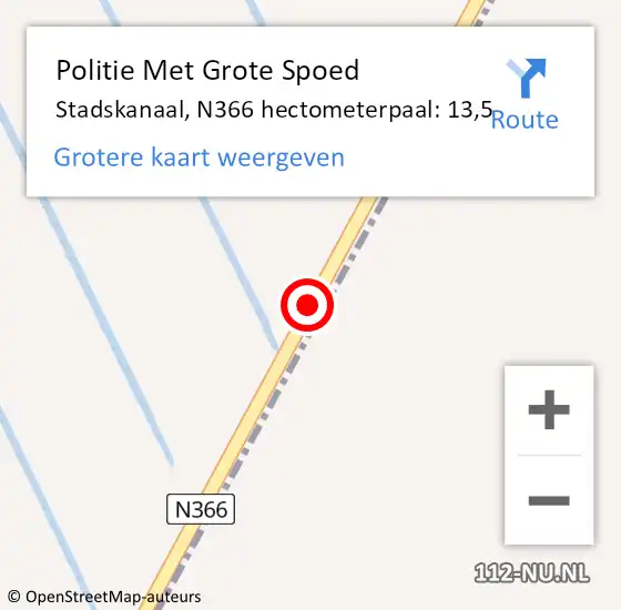 Locatie op kaart van de 112 melding: Politie Met Grote Spoed Naar Stadskanaal, N366 hectometerpaal: 13,5 op 27 juni 2024 14:47