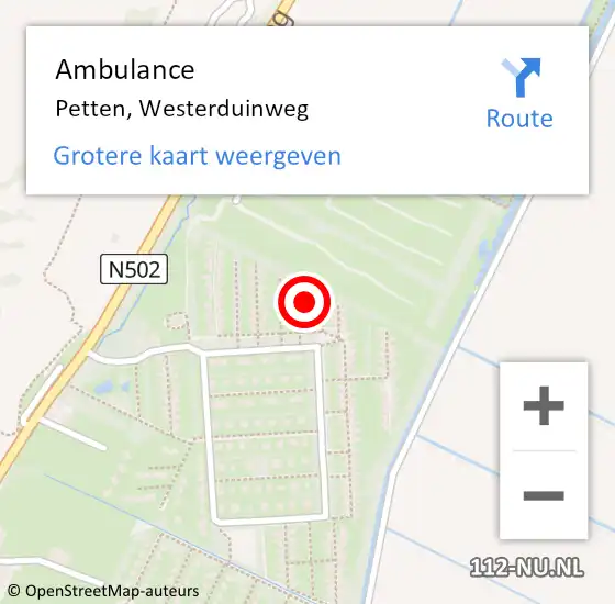 Locatie op kaart van de 112 melding: Ambulance Petten, Westerduinweg op 27 juni 2024 14:57