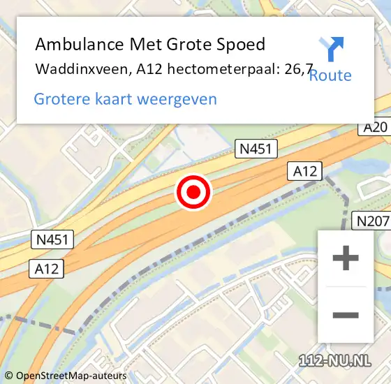 Locatie op kaart van de 112 melding: Ambulance Met Grote Spoed Naar Waddinxveen, A12 hectometerpaal: 26,7 op 27 juni 2024 15:18