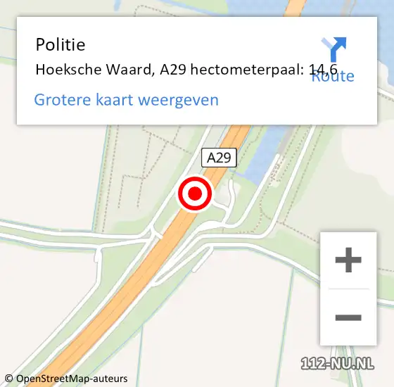 Locatie op kaart van de 112 melding: Politie Hoeksche Waard, A29 hectometerpaal: 14,6 op 27 juni 2024 15:39