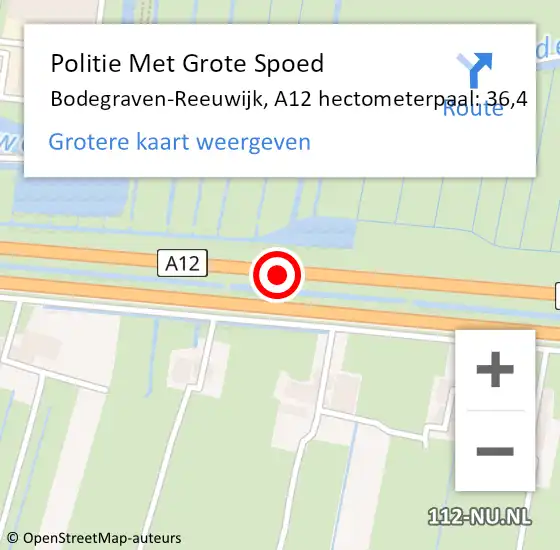 Locatie op kaart van de 112 melding: Politie Met Grote Spoed Naar Bodegraven-Reeuwijk, A12 hectometerpaal: 36,4 op 27 juni 2024 15:43