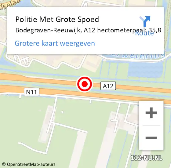 Locatie op kaart van de 112 melding: Politie Met Grote Spoed Naar Bodegraven-Reeuwijk, A12 hectometerpaal: 35,8 op 27 juni 2024 15:43