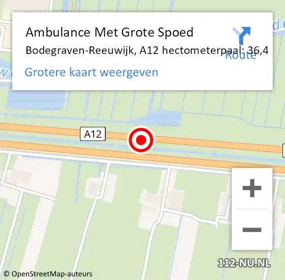 Locatie op kaart van de 112 melding: Ambulance Met Grote Spoed Naar Bodegraven-Reeuwijk, A12 hectometerpaal: 36,4 op 27 juni 2024 15:43