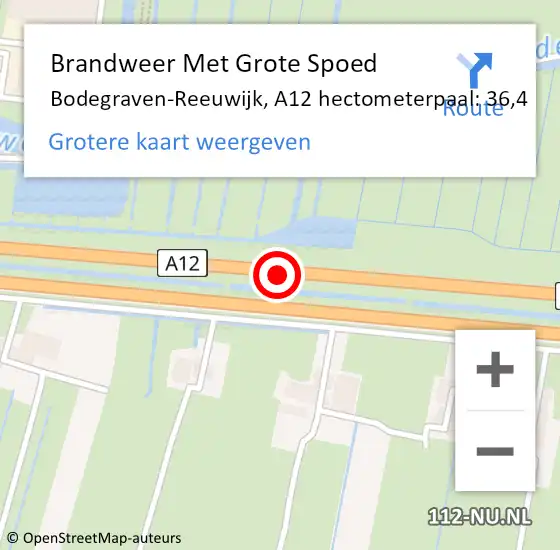 Locatie op kaart van de 112 melding: Brandweer Met Grote Spoed Naar Bodegraven-Reeuwijk, A12 hectometerpaal: 36,4 op 27 juni 2024 15:43