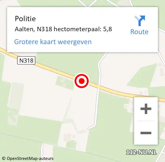Locatie op kaart van de 112 melding: Politie Aalten, N318 hectometerpaal: 5,8 op 27 juni 2024 16:31