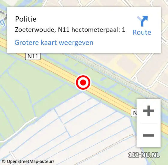 Locatie op kaart van de 112 melding: Politie Zoeterwoude, N11 hectometerpaal: 1 op 27 juni 2024 16:43