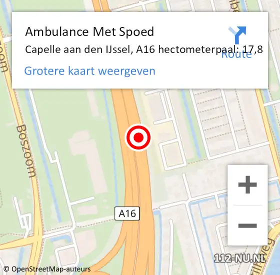 Locatie op kaart van de 112 melding: Ambulance Met Spoed Naar Capelle aan den IJssel, A16 hectometerpaal: 17,8 op 27 juni 2024 16:59