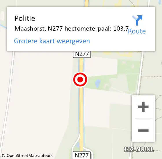 Locatie op kaart van de 112 melding: Politie Maashorst, N277 hectometerpaal: 103,7 op 27 juni 2024 17:27