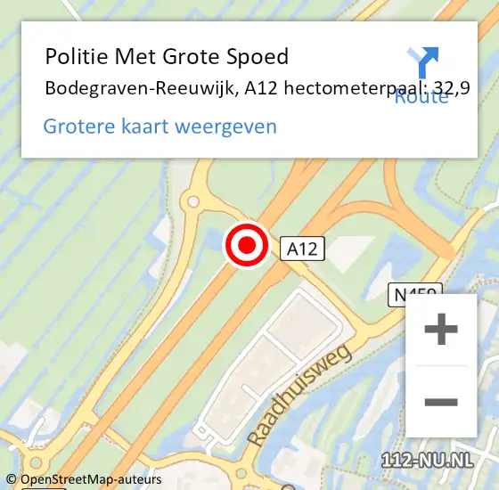 Locatie op kaart van de 112 melding: Politie Met Grote Spoed Naar Bodegraven-Reeuwijk, A12 hectometerpaal: 32,9 op 27 juni 2024 17:45