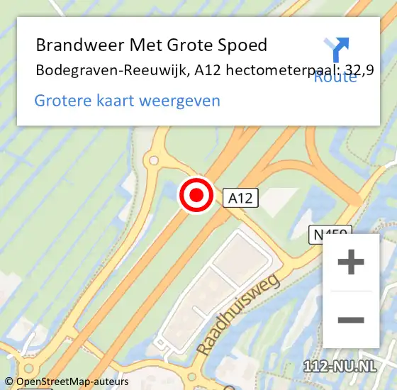 Locatie op kaart van de 112 melding: Brandweer Met Grote Spoed Naar Bodegraven-Reeuwijk, A12 hectometerpaal: 32,9 op 27 juni 2024 17:45