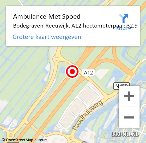 Locatie op kaart van de 112 melding: Ambulance Met Spoed Naar Bodegraven-Reeuwijk, A12 hectometerpaal: 32,9 op 27 juni 2024 17:49