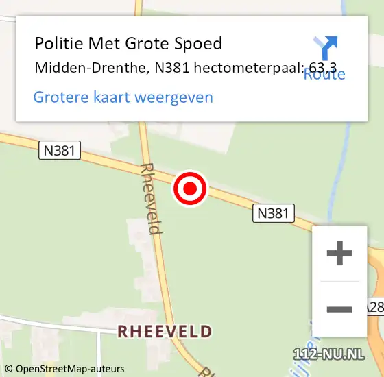 Locatie op kaart van de 112 melding: Politie Met Grote Spoed Naar Midden-Drenthe, N381 hectometerpaal: 63,3 op 27 juni 2024 17:56