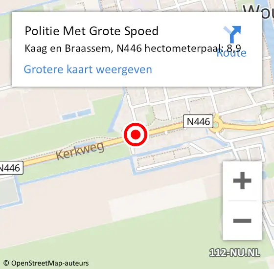 Locatie op kaart van de 112 melding: Politie Met Grote Spoed Naar Kaag en Braassem, N446 hectometerpaal: 8,9 op 27 juni 2024 18:14