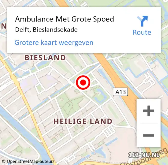 Locatie op kaart van de 112 melding: Ambulance Met Grote Spoed Naar Delft, Bieslandsekade op 27 juni 2024 18:22