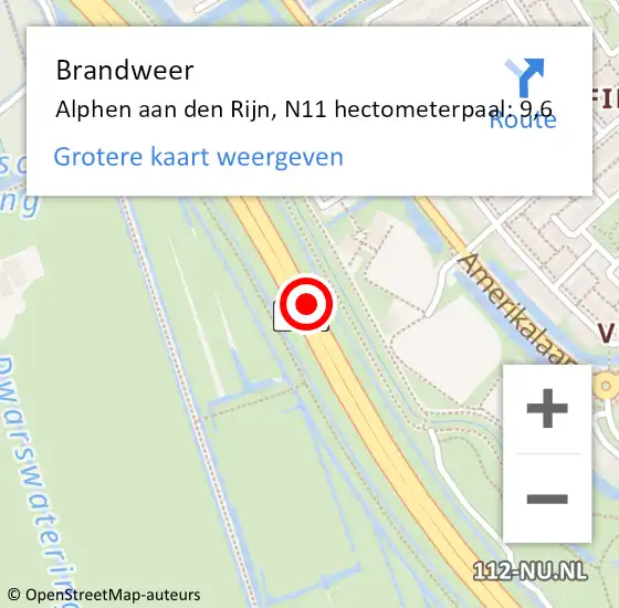 Locatie op kaart van de 112 melding: Brandweer Alphen aan den Rijn, N11 hectometerpaal: 9,6 op 27 juni 2024 18:40