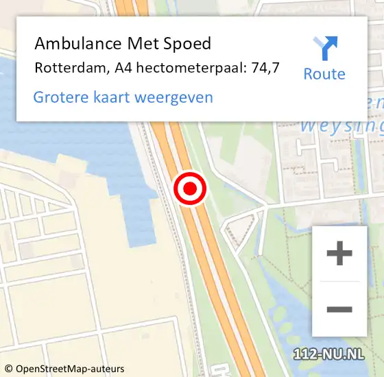 Locatie op kaart van de 112 melding: Ambulance Met Spoed Naar Rotterdam, A4 hectometerpaal: 74,7 op 27 juni 2024 19:05