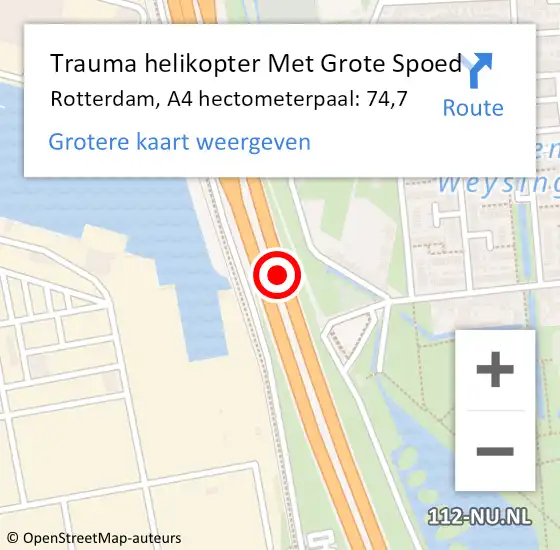 Locatie op kaart van de 112 melding: Trauma helikopter Met Grote Spoed Naar Rotterdam, A4 hectometerpaal: 74,7 op 27 juni 2024 19:10
