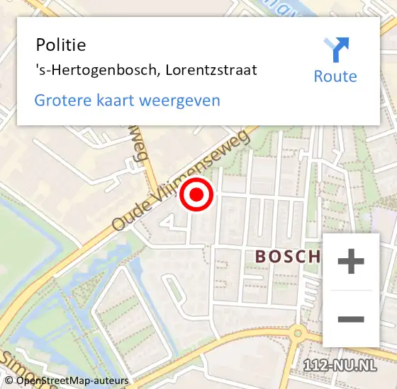 Locatie op kaart van de 112 melding: Politie 's-Hertogenbosch, Lorentzstraat op 27 juni 2024 22:22