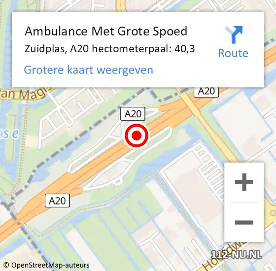 Locatie op kaart van de 112 melding: Ambulance Met Grote Spoed Naar Zuidplas, A20 hectometerpaal: 40,3 op 27 juni 2024 23:02