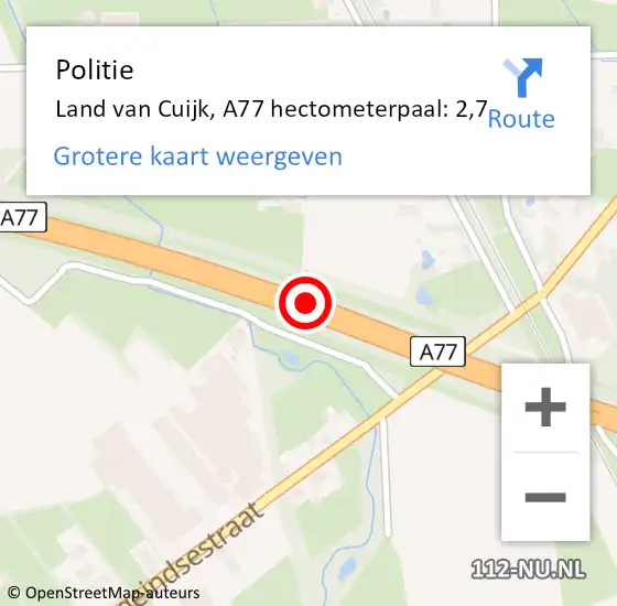 Locatie op kaart van de 112 melding: Politie Land van Cuijk, A77 hectometerpaal: 2,7 op 27 juni 2024 23:25