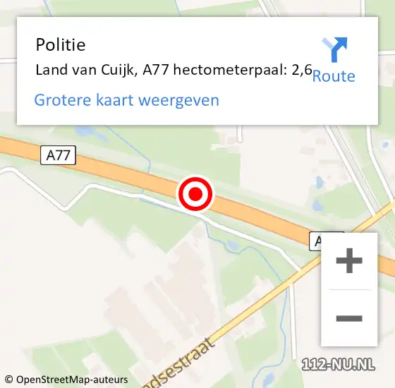 Locatie op kaart van de 112 melding: Politie Land van Cuijk, A77 hectometerpaal: 2,6 op 27 juni 2024 23:27