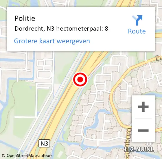 Locatie op kaart van de 112 melding: Politie Dordrecht, N3 hectometerpaal: 8 op 27 juni 2024 23:38