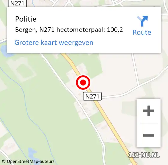 Locatie op kaart van de 112 melding: Politie Bergen, N271 hectometerpaal: 100,2 op 28 juni 2024 03:28