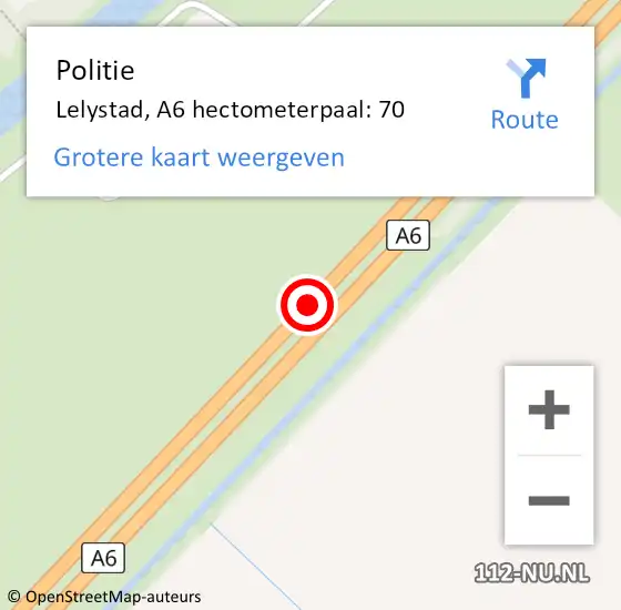 Locatie op kaart van de 112 melding: Politie Lelystad, A6 hectometerpaal: 70 op 28 juni 2024 04:54