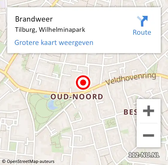 Locatie op kaart van de 112 melding: Brandweer Tilburg, Wilhelminapark op 28 juni 2024 06:49