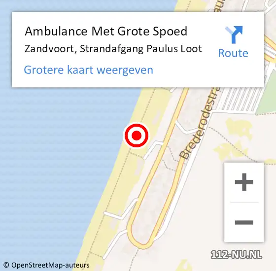 Locatie op kaart van de 112 melding: Ambulance Met Grote Spoed Naar Zandvoort, Strandafgang Paulus Loot op 28 juni 2024 08:25
