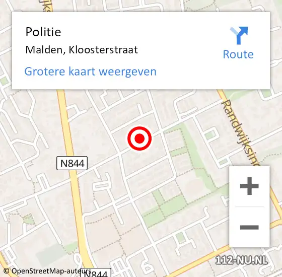 Locatie op kaart van de 112 melding: Politie Malden, Kloosterstraat op 28 juni 2024 08:40