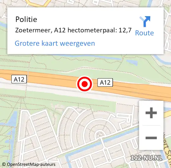 Locatie op kaart van de 112 melding: Politie Zoetermeer, A12 hectometerpaal: 12,7 op 28 juni 2024 12:12