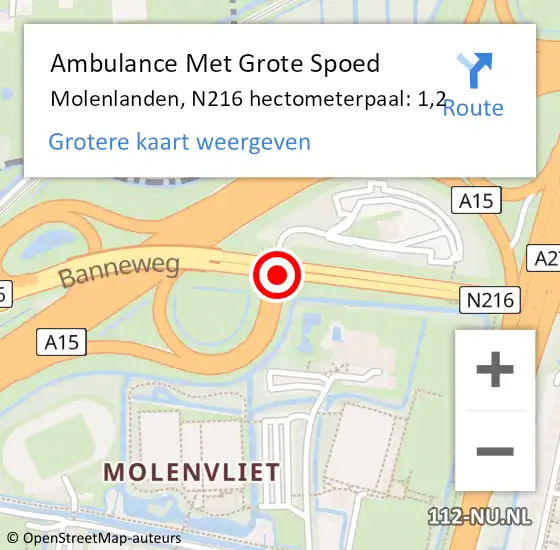 Locatie op kaart van de 112 melding: Ambulance Met Grote Spoed Naar Molenlanden, N216 hectometerpaal: 1,2 op 28 juni 2024 13:23