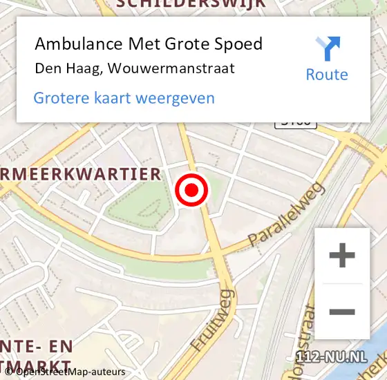 Locatie op kaart van de 112 melding: Ambulance Met Grote Spoed Naar Den Haag, Wouwermanstraat op 28 juni 2024 13:44