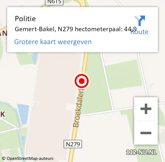Locatie op kaart van de 112 melding: Politie Laarbeek, N279 hectometerpaal: 44,9 op 28 juni 2024 13:45