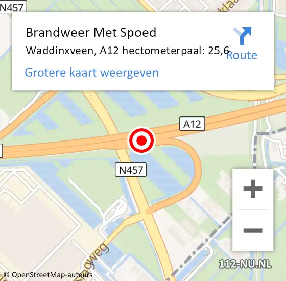 Locatie op kaart van de 112 melding: Brandweer Met Spoed Naar Waddinxveen, A12 hectometerpaal: 25,6 op 28 juni 2024 13:52